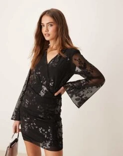 Gina Tricot Mini Dress With Wrap Front In Black With Textured Shimmer Jacquard Floral Pattern For Women