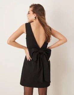 Gina Tricot Mini Dress With Low V Back And Oversized Bow Detail At Back In Black For Women
