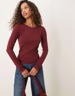 Gina Tricot Soft Touch Slim Fit Crew Neck Top In Burgundy For Women -Curated Apparel Shop 207737695 1 burgundy 1