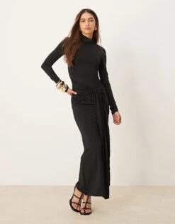 Gina Tricot Long Sleeve Turtle Neck Maxi Dress With Tie Front Side Detail In Black For Women -Curated Apparel Shop 207737710 1 black 1