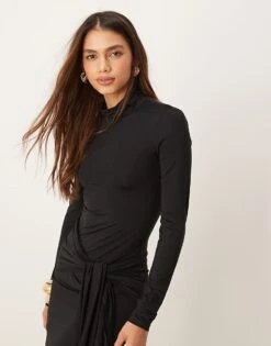 Gina Tricot Long Sleeve Turtle Neck Maxi Dress With Tie Front Side Detail In Black For Women -Curated Apparel Shop 207737710 3