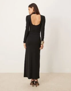 Gina Tricot Long Sleeve Turtle Neck Maxi Dress With Tie Front Side Detail In Black For Women -Curated Apparel Shop 207737710 4
