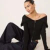 Gina Tricot Rib Knitted Zip Front Cardigan With Off Shoulder Collar In Black For Women -Curated Apparel Shop 207787648 1 black