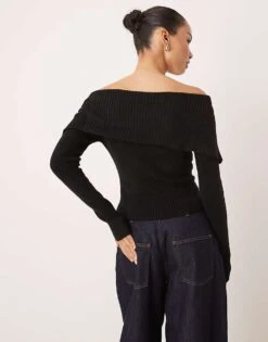 Gina Tricot Rib Knitted Zip Front Cardigan With Off Shoulder Collar In Black For Women -Curated Apparel Shop 207787648 3