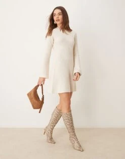 Gina Tricot Knitted Rib Skater Crew Neck Mini Dress In Off White For Women