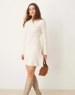Gina Tricot Knitted Rib Skater Crew Neck Mini Dress In Off White For Women -Curated Apparel Shop 207787649 3