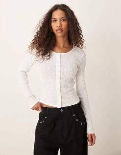 Gina Tricot Button Front Rib Long Sleeve Top In White For Women Off White