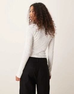 Gina Tricot Button Front Rib Long Sleeve Top In White For Women Off White -Curated Apparel Shop 207787680 4