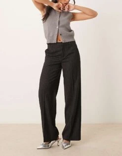 Gina Tricot Tailored Wide Leg Trousers With Flat Front In Black Pinstripe For Women -Curated Apparel Shop 207787770 1 blackpinstripe 1