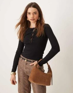 Gina Tricot Long Sleeve Jersey Top With Bow Tie Detail Front In Black For Women