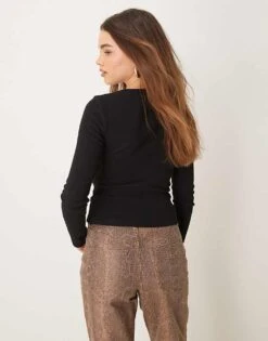 Gina Tricot Long Sleeve Jersey Top With Bow Tie Detail Front In Black For Women -Curated Apparel Shop 207787828 4