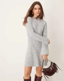 Gina Tricot Knitted Rib Skater Crew Neck Mini Dress In Grey Melange For Women -Curated Apparel Shop 207787851 1 greymelange 1