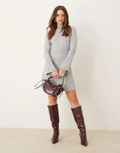 Gina Tricot Knitted Rib Skater Crew Neck Mini Dress In Grey Melange For Women -Curated Apparel Shop 207787851 3