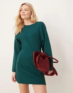 Gina Tricot Sculpted Crew Neck Knitted Mini Dress In Dark Green For Women