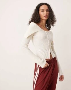 Gina Tricot Rib Knitted Zip Front Cardigan With Off Shoulder Collar In Cream For Women -Curated Apparel Shop 207787904 1 cream 1