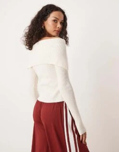 Gina Tricot Rib Knitted Zip Front Cardigan With Off Shoulder Collar In Cream For Women -Curated Apparel Shop 207787904 3
