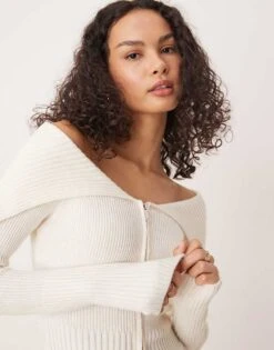 Gina Tricot Rib Knitted Zip Front Cardigan With Off Shoulder Collar In Cream For Women -Curated Apparel Shop 207787904 4