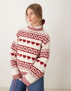 Gina Tricot Red Hearts Jacquard Pattern Knitted Relaxed Fit Sweater In Cream For Women Multi