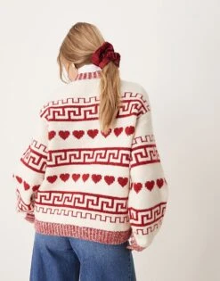 Gina Tricot Red Hearts Jacquard Pattern Knitted Relaxed Fit Sweater In Cream For Women Multi -Curated Apparel Shop 207787935 4