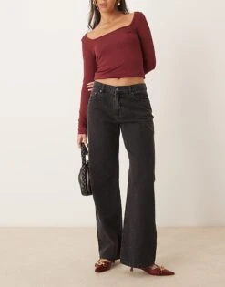Gina Tricot Low Waist Wide Leg Jeans In Washed Black With Crystal Embellishment For Women
