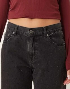 Gina Tricot Low Waist Wide Leg Jeans In Washed Black With Crystal Embellishment For Women -Curated Apparel Shop 207787949 5