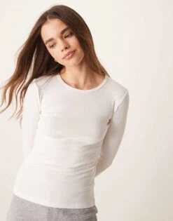 Gina Tricot Jersey Rib Round Neck Long Sleeve Top In Off White For Women
