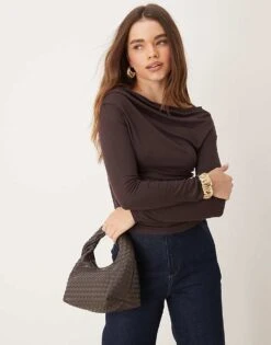 Gina Tricot Long Sleeve Drapey Top In Brown For Women