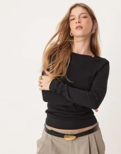 Gina Tricot Jersey Rib Round Neck Long Sleeve Top In Black For Women