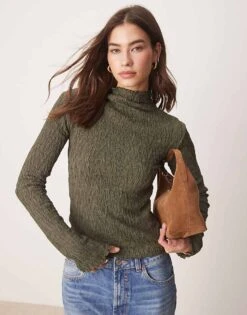 Gina Tricot Textured Funnel Neck Long Sleeve Top In Khaki Olive For Women -Curated Apparel Shop 207810210 1 khakiolive 1