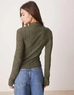 Gina Tricot Textured Funnel Neck Long Sleeve Top In Khaki Olive For Women -Curated Apparel Shop 207810210 4