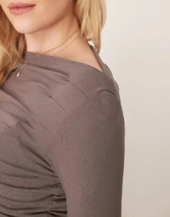 Gina Tricot Long Sleeve Boat Neck Ruched Top In Light Brown For Women Dark Beige -Curated Apparel Shop 207810239 4