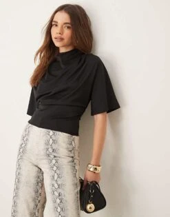 Gina Tricot Short Sleeve Drape Boat Neck Top With Elbow Sleeves In Black For Women -Curated Apparel Shop 207810240 1 black 1