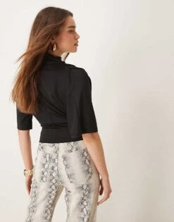 Gina Tricot Short Sleeve Drape Boat Neck Top With Elbow Sleeves In Black For Women -Curated Apparel Shop 207810240 3