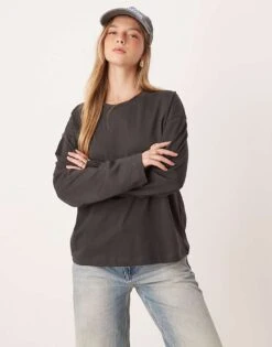 Gina Tricot Long Sleeve T-shirt In Washed Black For Women
