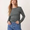 Gina Tricot Soft Touch Jersey Long Sleeve Top With Round Neck In Grey Green For Women