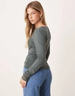 Gina Tricot Soft Touch Jersey Long Sleeve Top With Round Neck In Grey Green For Women -Curated Apparel Shop 207810318 4