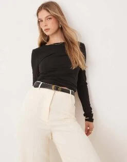 Gina Tricot Soft Touch Round Neck Jersey Long Sleeve Top In Black For Women