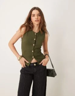 Gina Tricot Waistcoat In Khaki Olive Green For Women