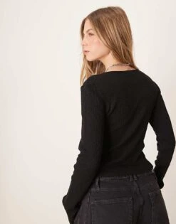 Gina Tricot Button Front Rib Long Sleeve Top In Black For Women -Curated Apparel Shop 207810391 3