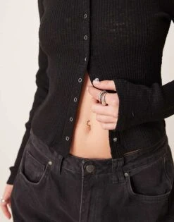 Gina Tricot Button Front Rib Long Sleeve Top In Black For Women -Curated Apparel Shop 207810391 4