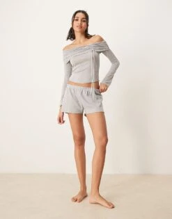 Gina Tricot Off Shoulder Top With Ruche Channel Detail And Fluted Sleeves In Light Grey Melange For Women -Curated Apparel Shop 207913590 3