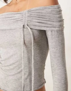 Gina Tricot Off Shoulder Top With Ruche Channel Detail And Fluted Sleeves In Light Grey Melange For Women -Curated Apparel Shop 207913590 4