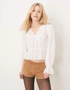 Gina Tricot Shirred Smocked Blouse Top With Tie Front In White For Women