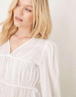 Gina Tricot Shirred Smocked Blouse Top With Tie Front In White For Women -Curated Apparel Shop 207913602 4