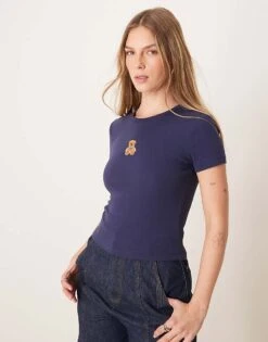 Gina Tricot Short Sleeve Slim Fit Top With Teddy Bear Graphic In Navy Blue For Women -Curated Apparel Shop 207913635 1 navyblue 1