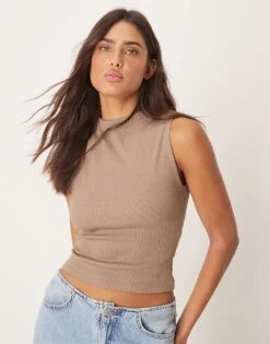 Gina Tricot Jersey Sleeveless Funnel Neck Top In Light Brown For Women Beige -Curated Apparel Shop 207913649 1 beige 1