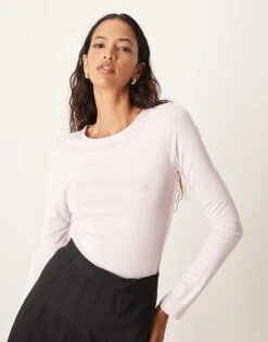 Gina Tricot Soft Touch Jersey Long Sleeve Top With Round Neck In Pink For Women