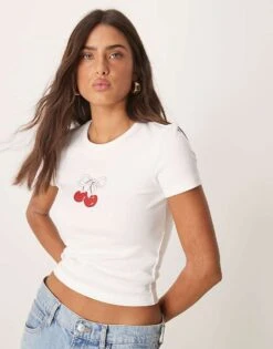 Gina Tricot Short Sleeve Slim Fit Top With Cherry Graphic In White For Women