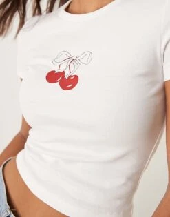 Gina Tricot Short Sleeve Slim Fit Top With Cherry Graphic In White For Women -Curated Apparel Shop 207913740 3