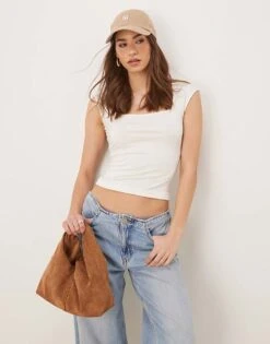 Gina Tricot Soft Touch Short Sleeve Low Scoop Neck Top In White For Women Off White -Curated Apparel Shop 207913767 1 offwhite 1